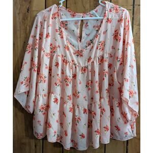 Pink Peony Top Plus Size 2X XX Green Pink Floral Polyester Blouse Shirt Boho